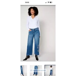 Nicole Miller Women's Embroidered Cropped Wide Leg High Rise Jean Size 6P